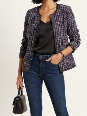 Fashion Bug Black, Purple, and White Tweed Jacket with Faux Leather Trim